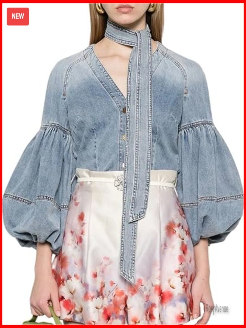 V Neck Tie Denim Shirt with Puff Sleeves and Adjustable Waistband Cute Blouse